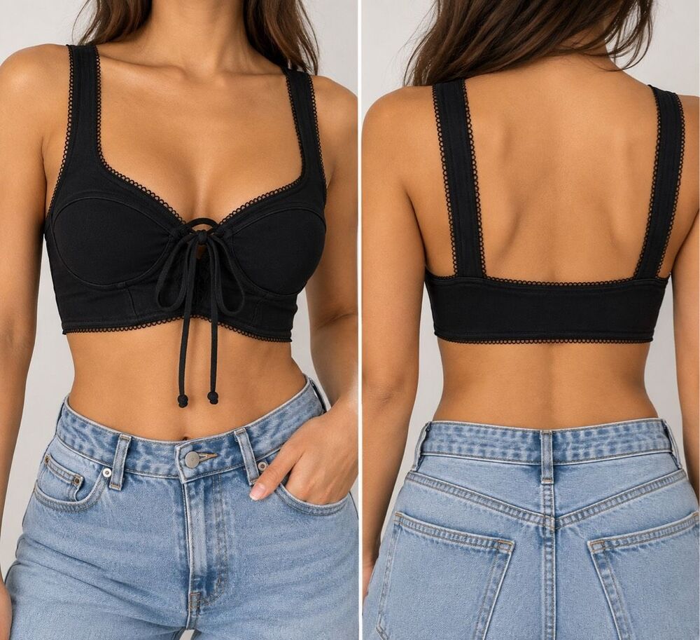 Free Press Black Lace Up Bustier Bralette Top Size S Y2K Boho